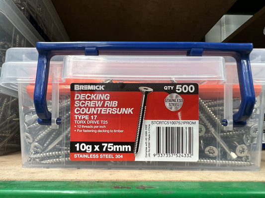 SS304 T17 10-12x75 CSK RIB TORX T25 P (500)
