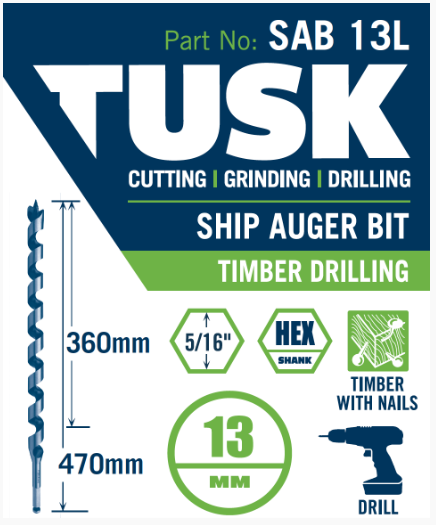 Ship Auger Bits - 13 x 470 x 5/16inch hex shank